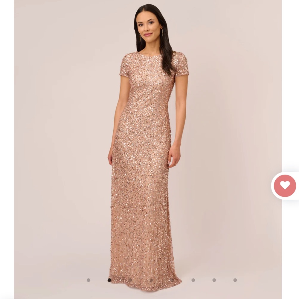 Adrianna Papell SCOOP BACK SEQUIN GOWN IN ROSE GOLD dress SIZE 10